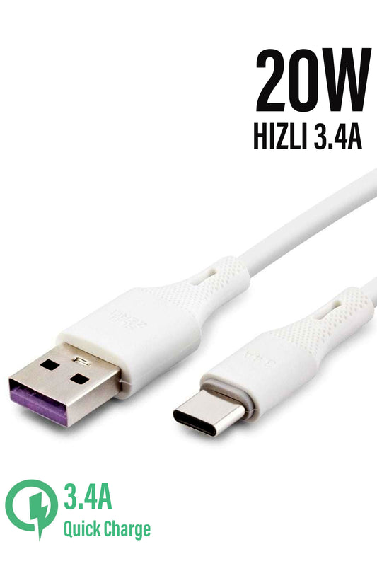 USB A to USB C 20W 3.4A Şarj Kablosu 1 Metre