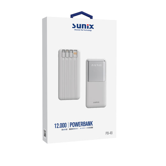Powerbank 12000mAh Kendinden Kablolu Powerbank Sunix PB49 Beyaz