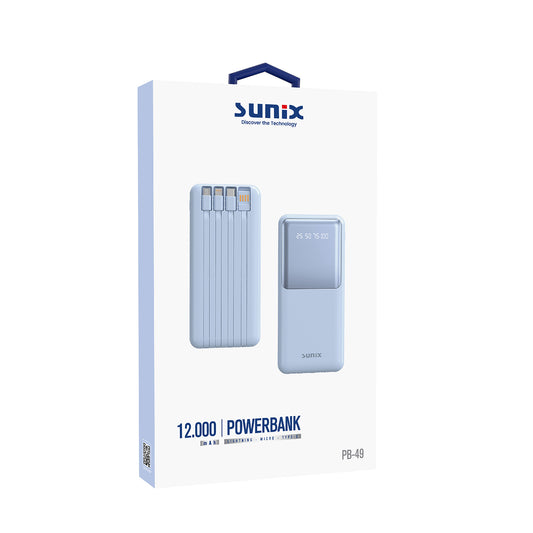 Powerbank 12000mAh Kendinden Kablolu Powerbank Sunix PB49 Mavi