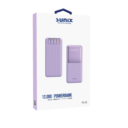 Powerbank 12000mAh Kendinden Kablolu Powerbank Sunix PB49 Mor