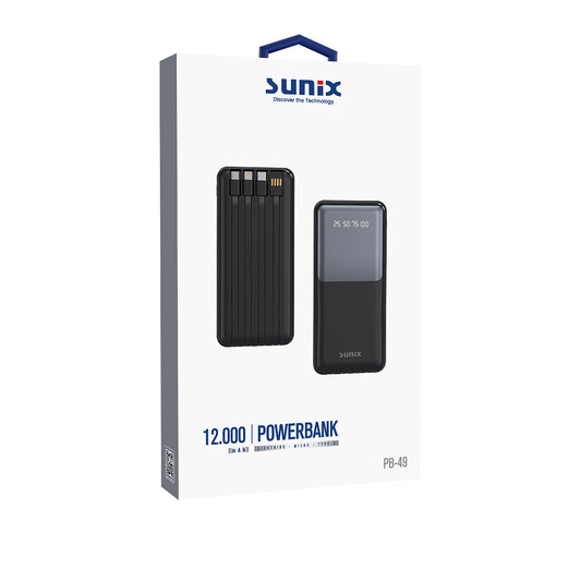 Powerbank 12000mAh Kendinden Kablolu Powerbank Sunix PB49 Siyah