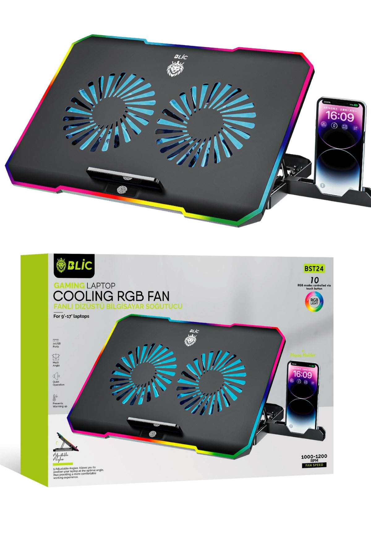 Laptop Soğutucu Çift Fanlı 9-17" Inç 1200RPM Telefon Tutacaklı Laptop Notebook Dizüstü Soğutucu
