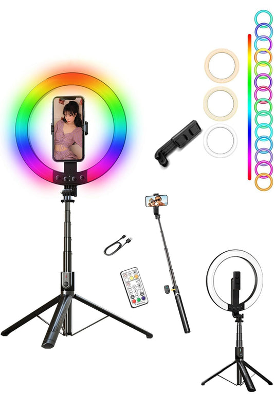 RGB Halka Işık Uzun Tripod Selfie Çubuğu 1.9m-1200 mAh Şarjlı Kumandalı Ring Light Telefon Tutucu