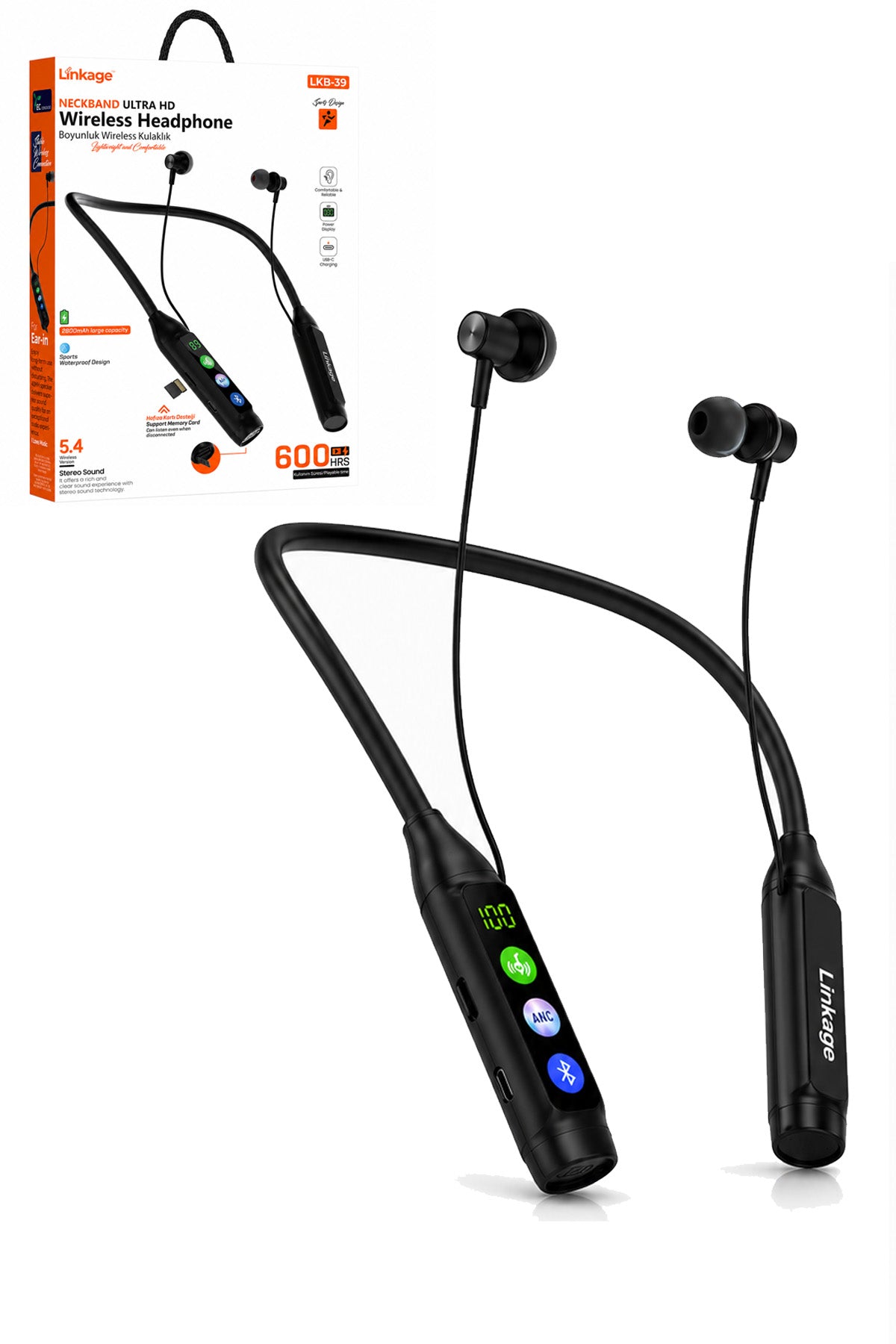 Boyun Bantlı Ultra HD Bluetooth Kablosuz Kulaklık | Type-C | Dijital Ekran | TF Kart | 2800 mAh 600 Saat