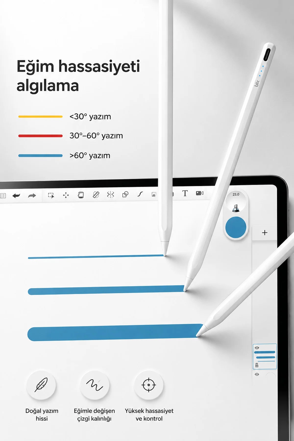 iPad Tablet Kalemi Manyetik Stylus Pen Eğim Sensörlü Avuç İçi Engelleme USB-C Şarjlı 1 Yedek Uç
