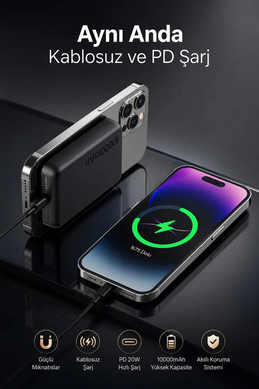 iPhone ile Uyumlu Magsafe Powerbank Kablosuz 15W Hızlı Şarj 20W USB-C Hızlı Şarj Qi