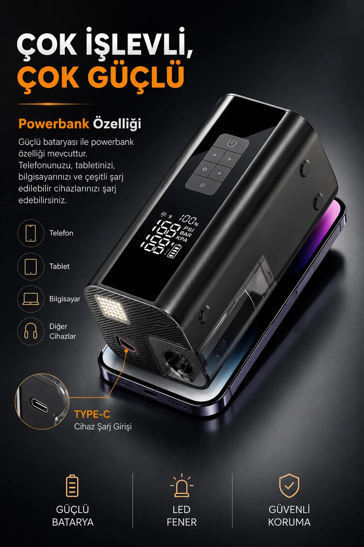 Akü Takviye Hava Kompresör Araç Süpürgesi Vakum 12000mAh Powerbank Çok Fonksiyonlu Jump Starter 2000A