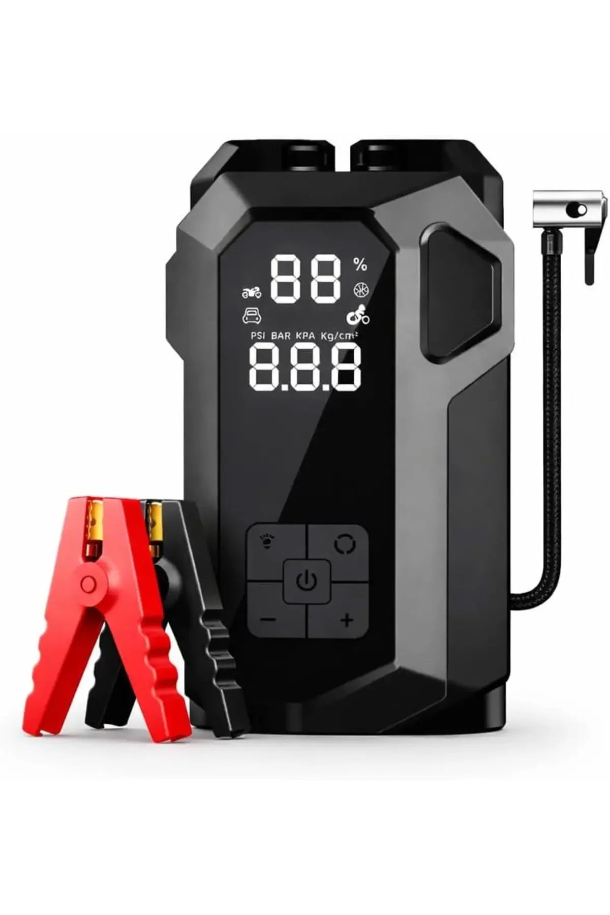 Araç Akü Takviye Cihazı Hava Kompresörü 4'ü1 Arada Şarjlı Marş Basma Jump Starter Powerbank 18000mAh