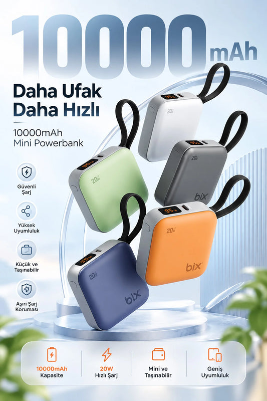 Mini Powerbank 10000 mAh Cep Boy Taşınabiler Hızlı Şarj PD 20W Dijital Göstergeli Type-C Kablolu
