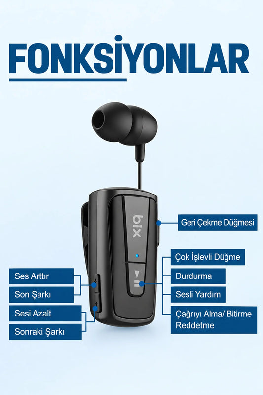 Makaralı Bluetooth Kulaklık Titreşimli Yaka Klipsli Tekli Şoför Kulaklığı Çift Telefon Bağlantılı