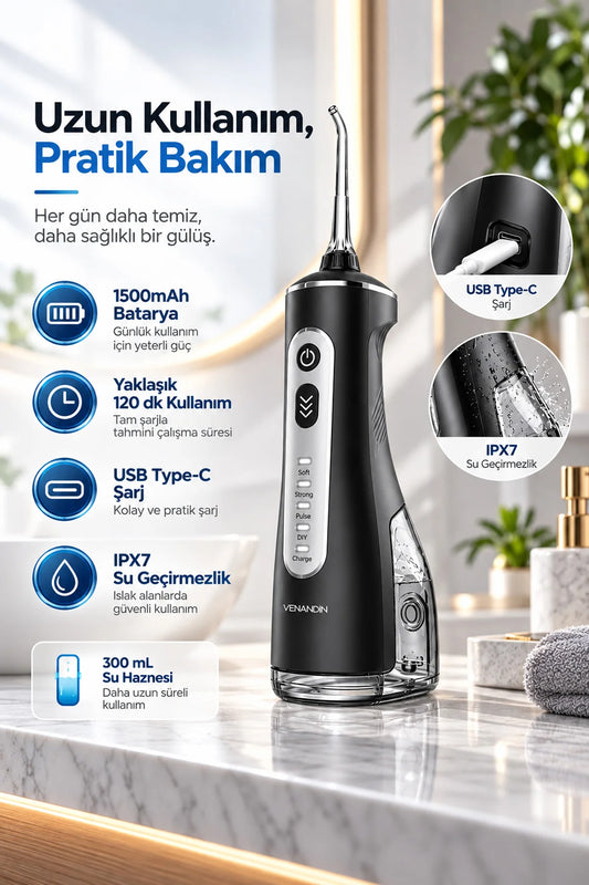 Şarjlı Ağız Duşu Diş Banyosu Cihazı Diş Arası Su Püskürtmeli Diş Teli İmplant Temizleme Aleti IPX7