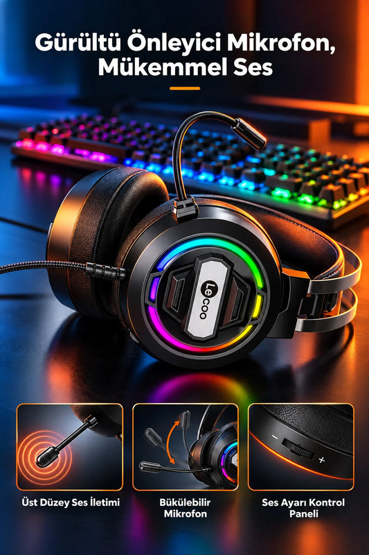 Lecoo HT401 Kablolu Oyuncu Kulaklığı RGB Işıklı Mikrofonlu Kulak Üstü Gaming Headset