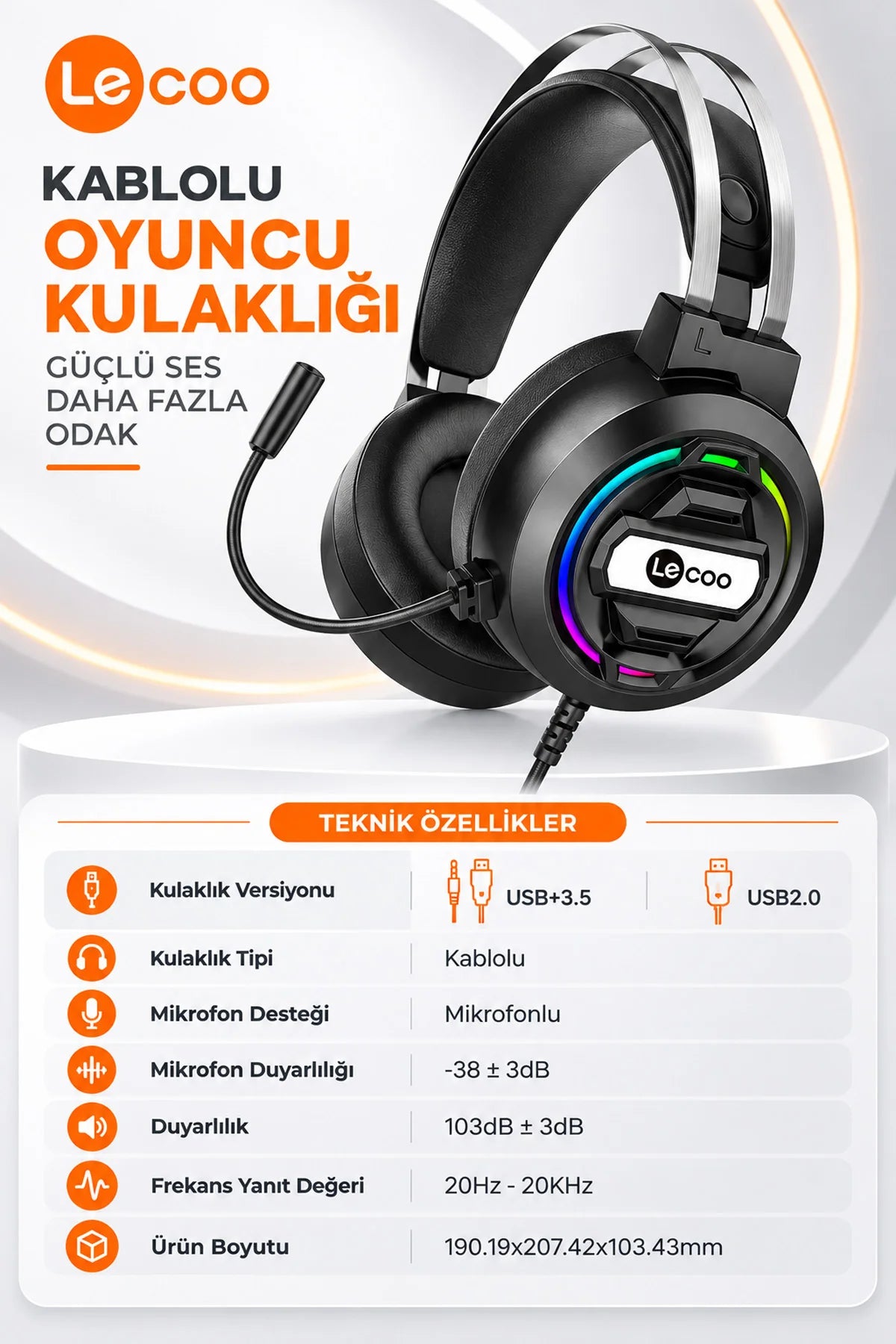 Lecoo HT401 Kablolu Oyuncu Kulaklığı RGB Işıklı Mikrofonlu Kulak Üstü Gaming Headset