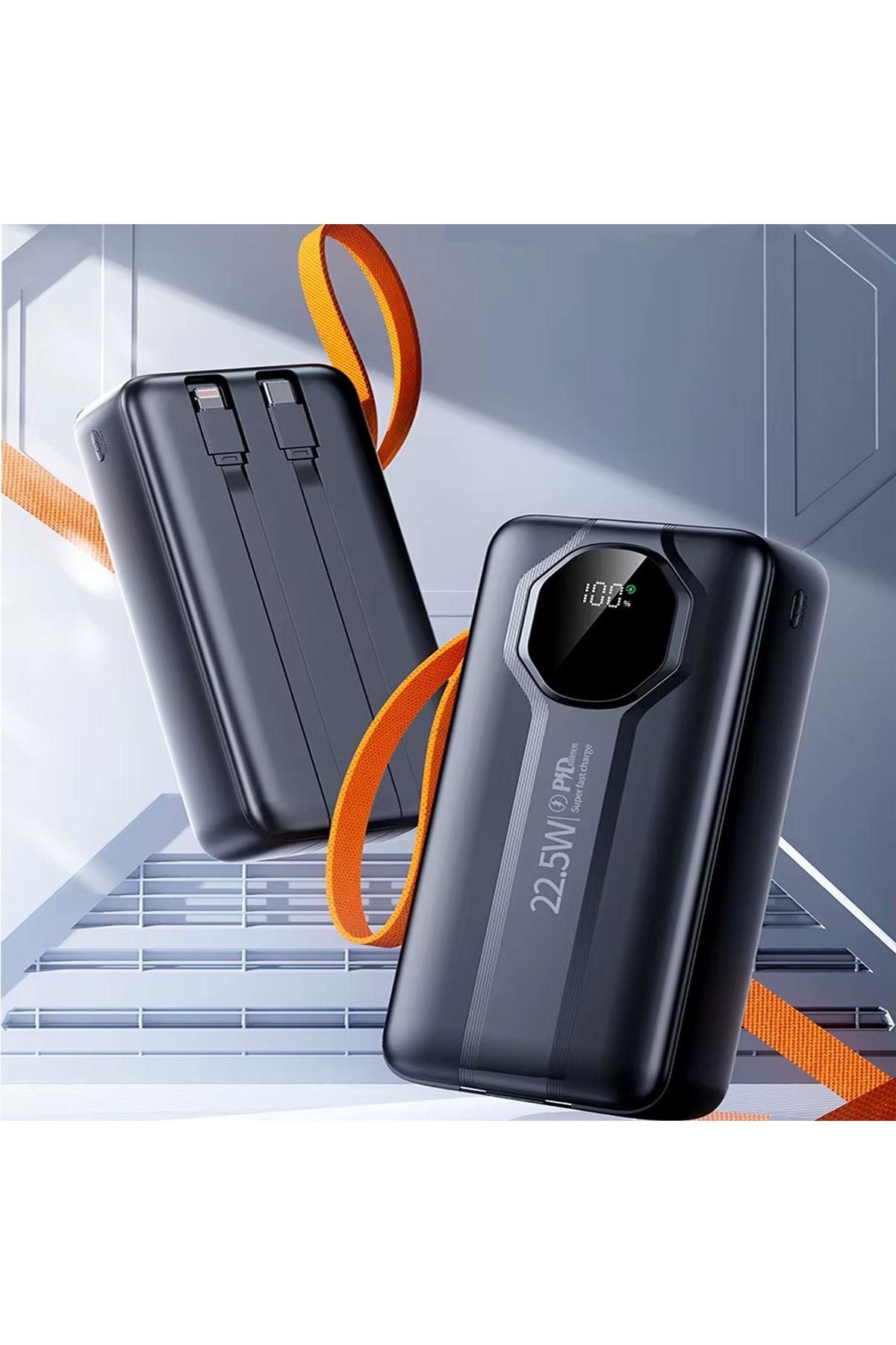 50.000 mAh Hızlı Şarj PD 22.5W Taşıma Askılı Powerbank 4x USB 2x Type-C Kendinden Kablolu Powerbank - Görsel 6