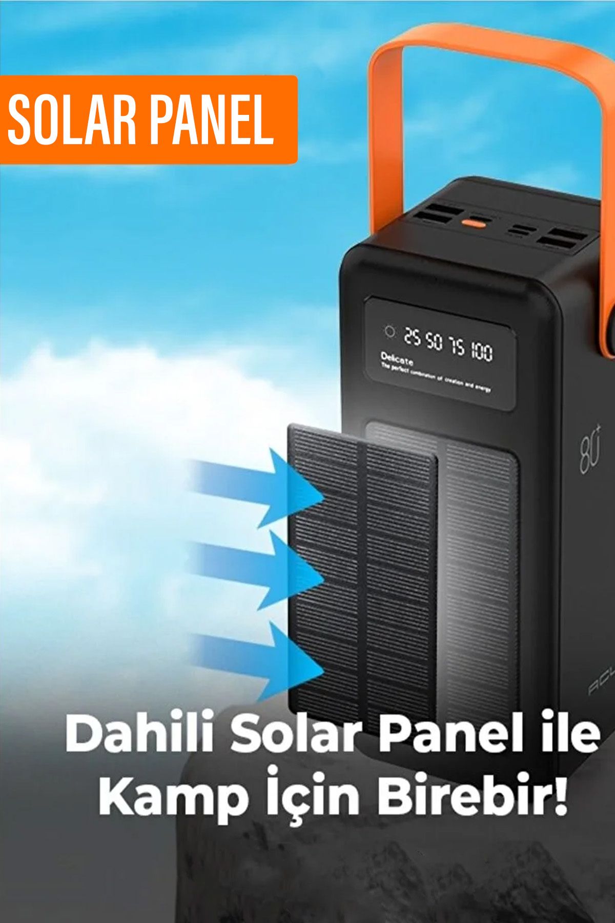 Güneş Enerjili 80.000 mAh Powerbank Hızlı Şarj Kamp Ledli Işıklı Powerbank Kendinden Kablolu Solar - Görsel 4