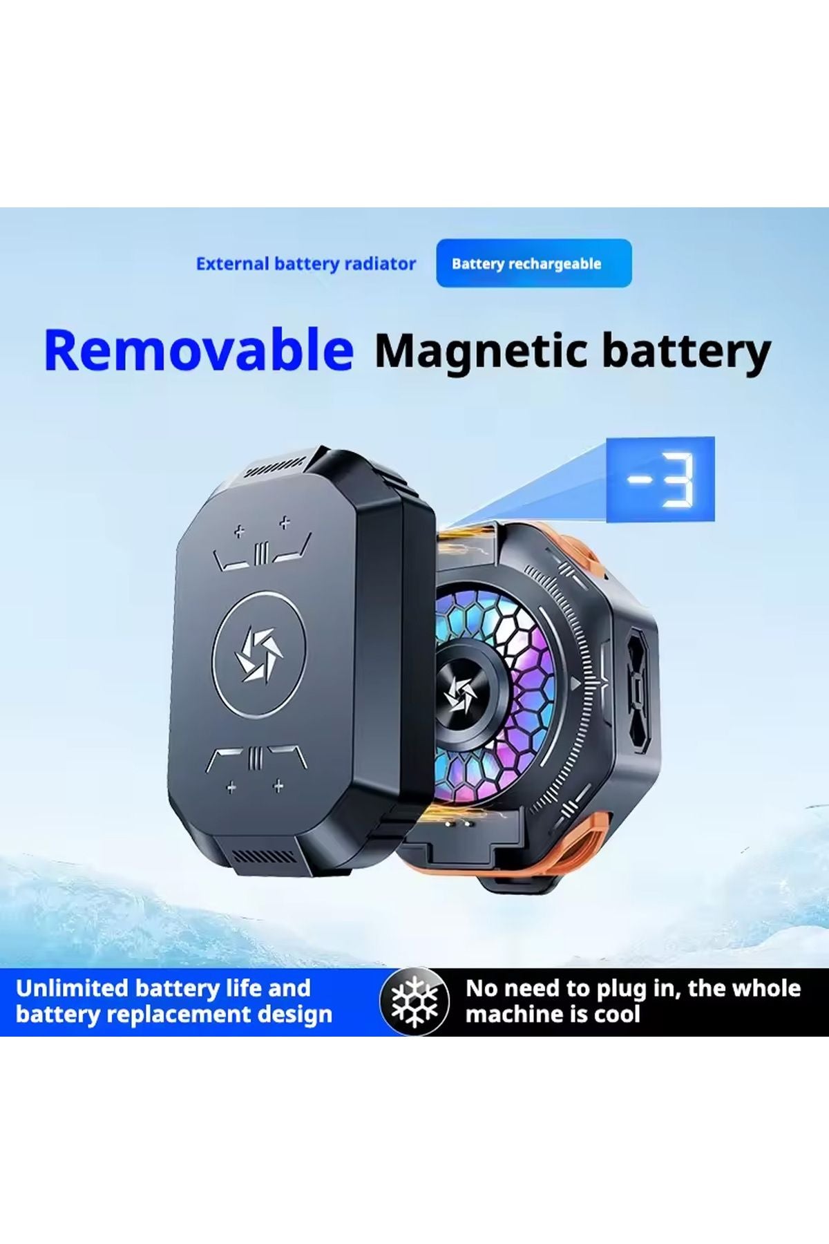 Oyuncu Fanı Telefon Soğutucu 1800 mAh Powerbank Şarjlı Kablosuz Fan Derece Gösterge Mıknatıslı - Görsel 4