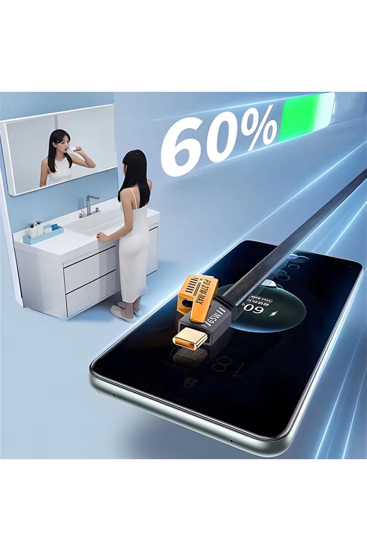 65W Çok Fonksiyonlu 4'ü 1 Arada USB C-Type C-Lighting Şarj Kablo 27W PD Hızlı Şarj - Görsel 6