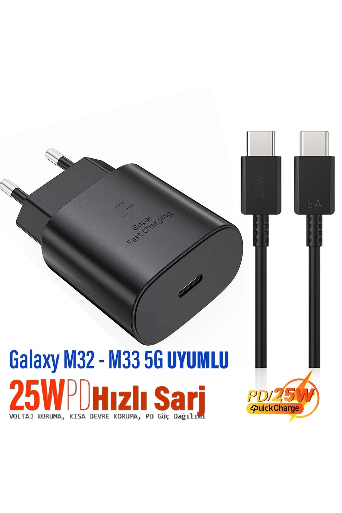 Samsung Galaxy M32 - Galaxy M33 5G Uyumlu Şarj Aleti 25W HIZLI ve 5A Şarj Kablosu