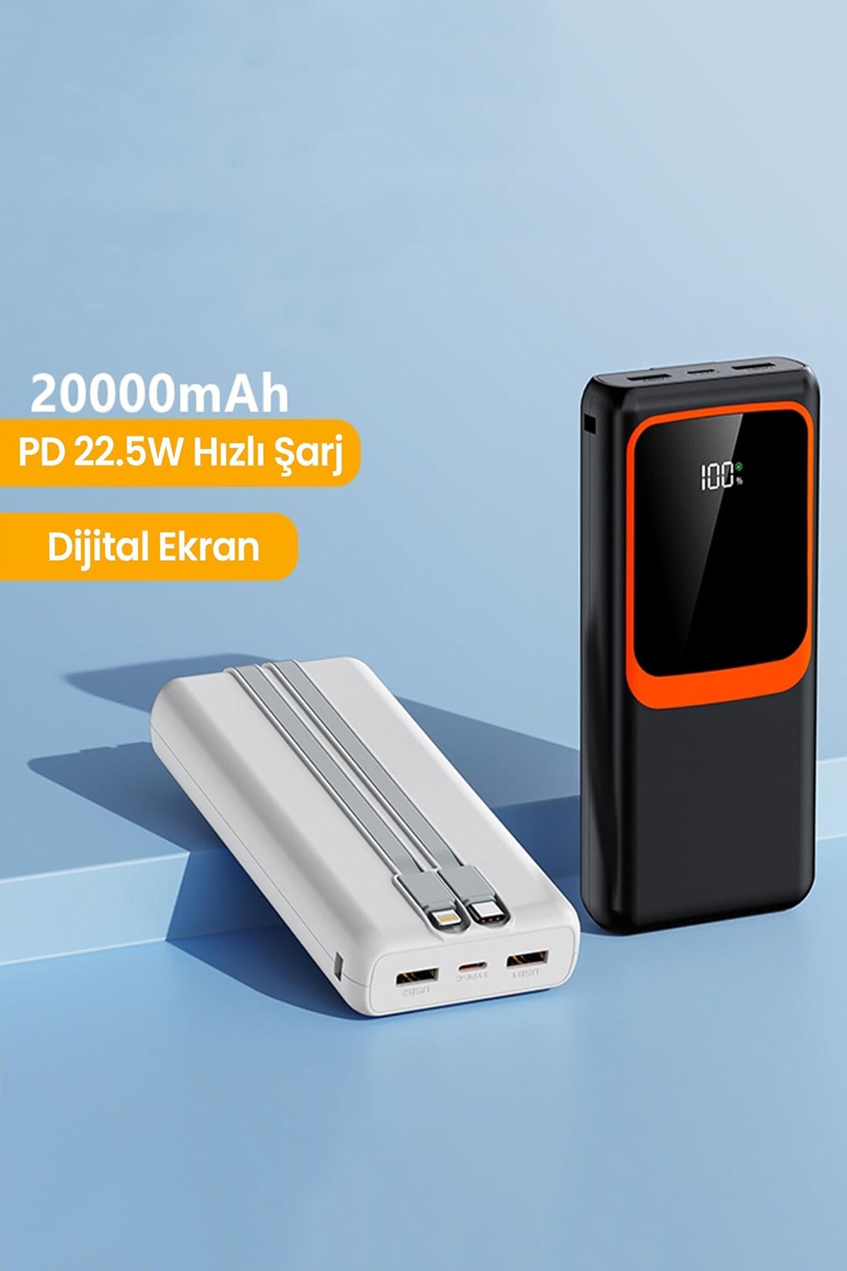20.000 mAh Hızlı Şarj PD 22.5W Powerbank Lightning Type-C Çıkışlı Dijital Göstergeli Kendinden Kablo - Görsel 6