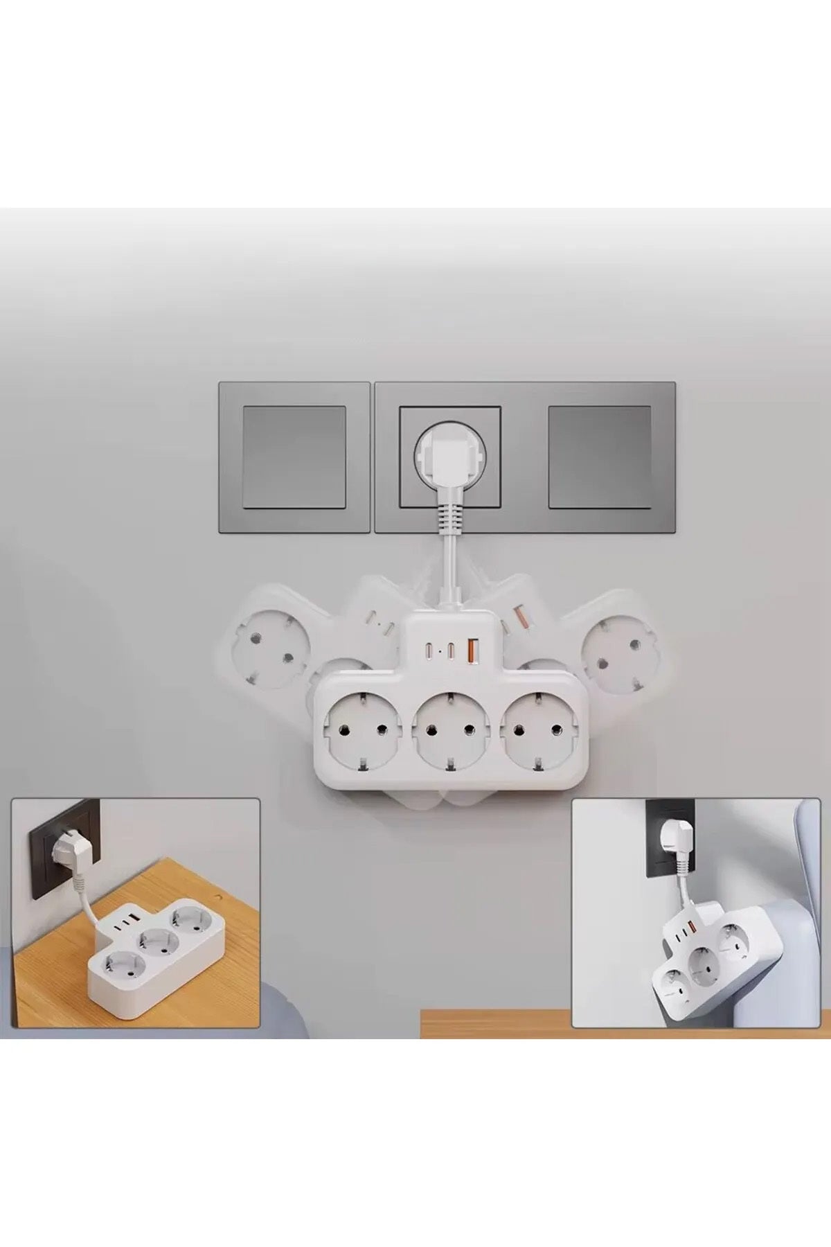 Çoklu Kablolu Priz -Priz Çoğaltıcı-Priz Dönüştürücü 1USB - 2Type-C Girişli Yüksek Akım Korumalı Fiş - Görsel 4