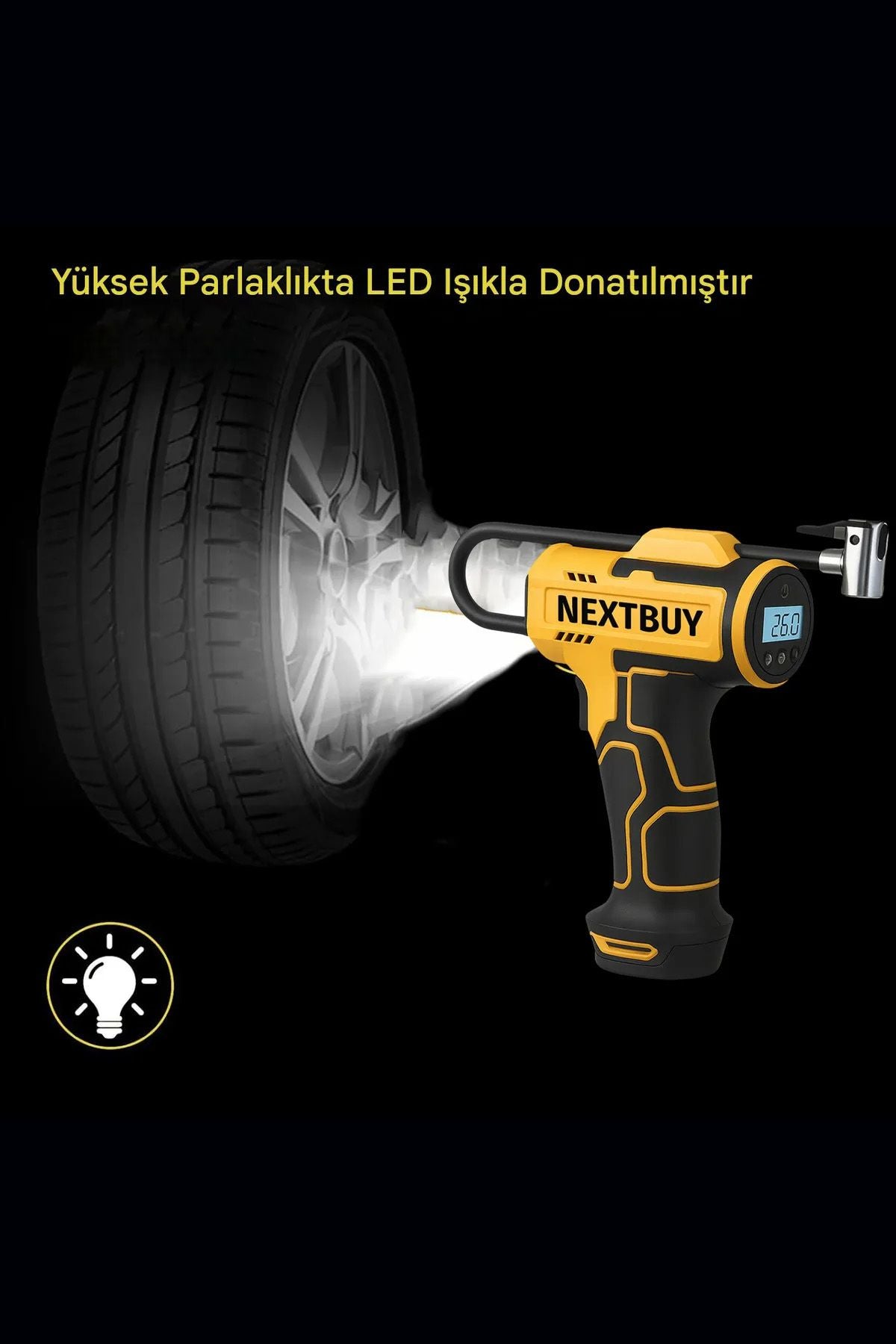 3600mAh Araç Akü Şarj Takviyeli Işıklı Hava Kompresörü Takviye Cihazı Lastik Şişirme Pompası 150PSI - Görsel 7