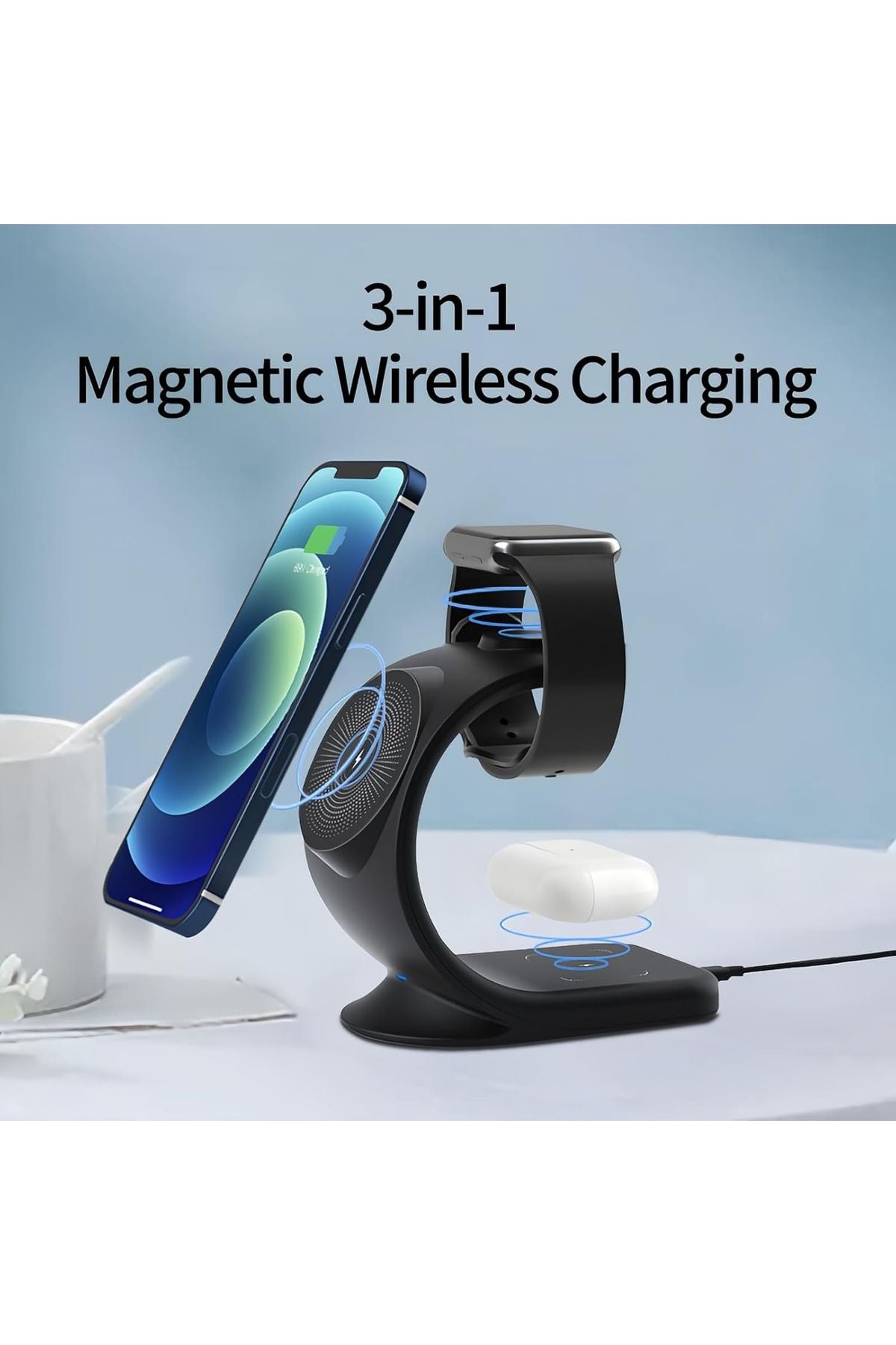 3in1 Magsafe 15 Watt Mıknatıslı Wireless Kablosuz Şarj İstasyonu Şarj Standı - Görsel 3