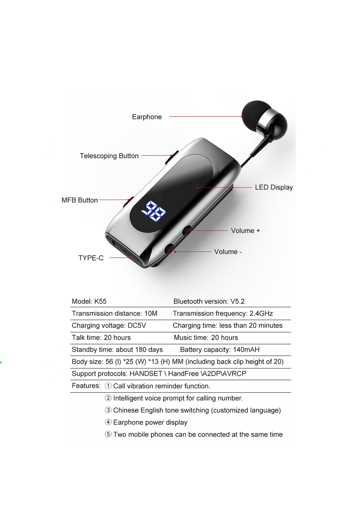 Titreşimli Makaralı Bluetooth Kulaklık Kablosuz Kulaklık Titreşimli Led Ekranlı 20 Saat - Görsel 4