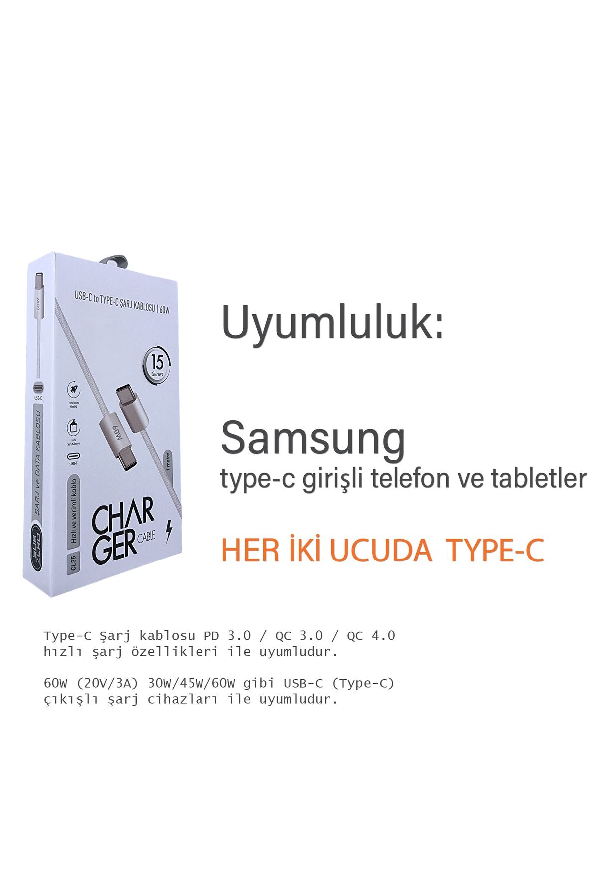 Samsung S21 - S21 FE - S21 Ultra - S21 Plus Şarj Kablosu Type C PD Hızlı Şarj - Görsel 3