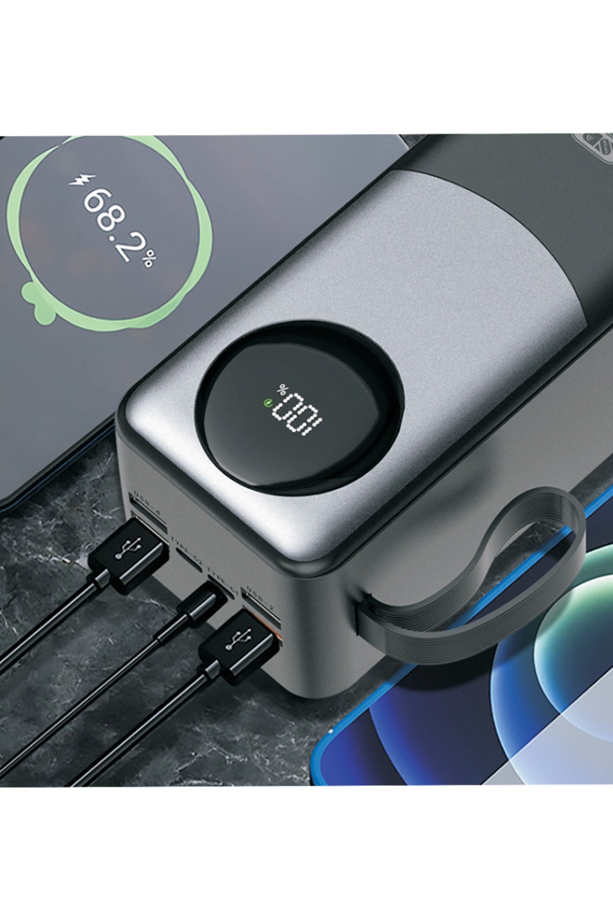 50.000 mAh Hızlı Şarj 22.5W Powerbank 4xUSB 2xType-C Kendinden Kablolu Powerbank Dijital Göstergeli - Görsel 4
