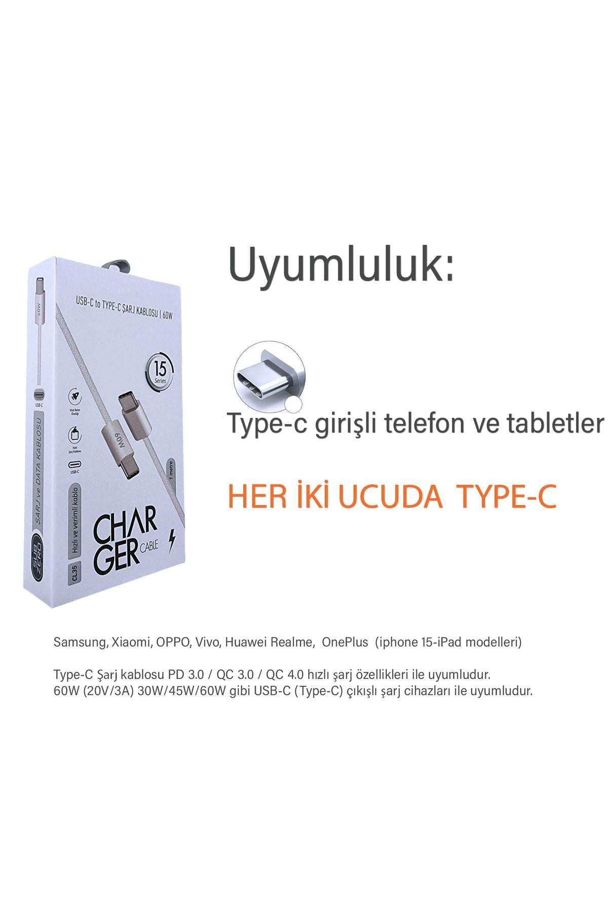 Samsung A53 A54 A55 A72 A73 Hızlı Şarj Kablosu Type-C to Type-C Şarj Kablosu 60W - Görsel 4