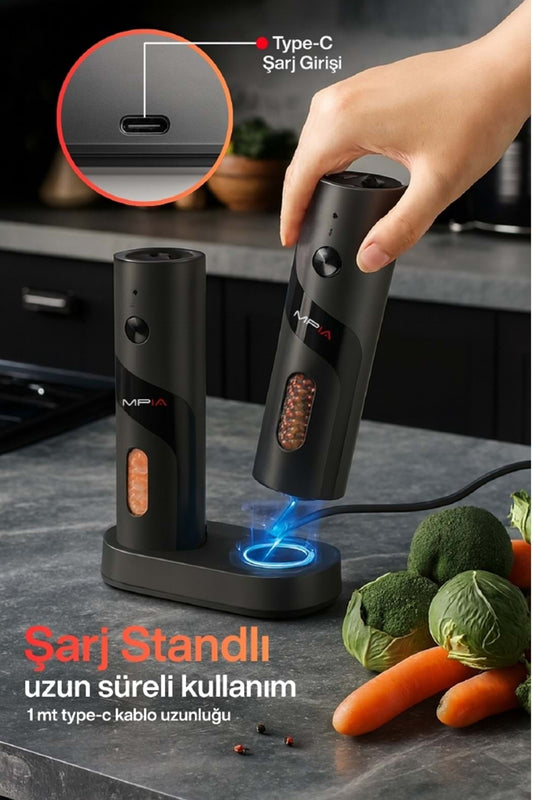 Elektrikli Tuz ve Karabiber Değirmeni Şarjlı Otomatik Baharat Öğütücü 110ML - Görsel 2