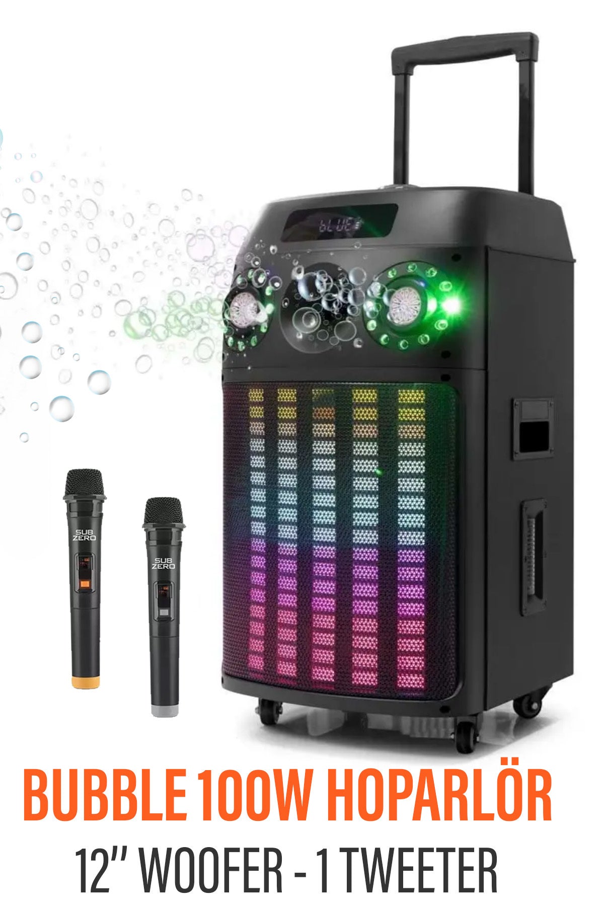 Büyük Boy Bluetooth Hoparlör Speaker 12" Woofer 1 Tweeter 100W 2 Mikrofon Hoparlör Baloncuklu