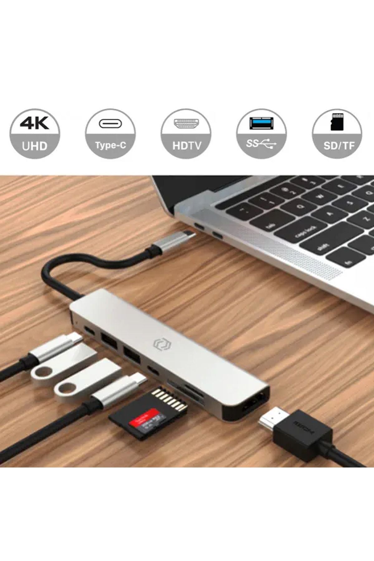 7in1 Type-C HDMI Çevirici Hub Çoklayıcı Tablet-PC-Telefon-TV Adaptör HDMI 4K/USB/TF/SD/TYPEC Giriş - Görsel 3