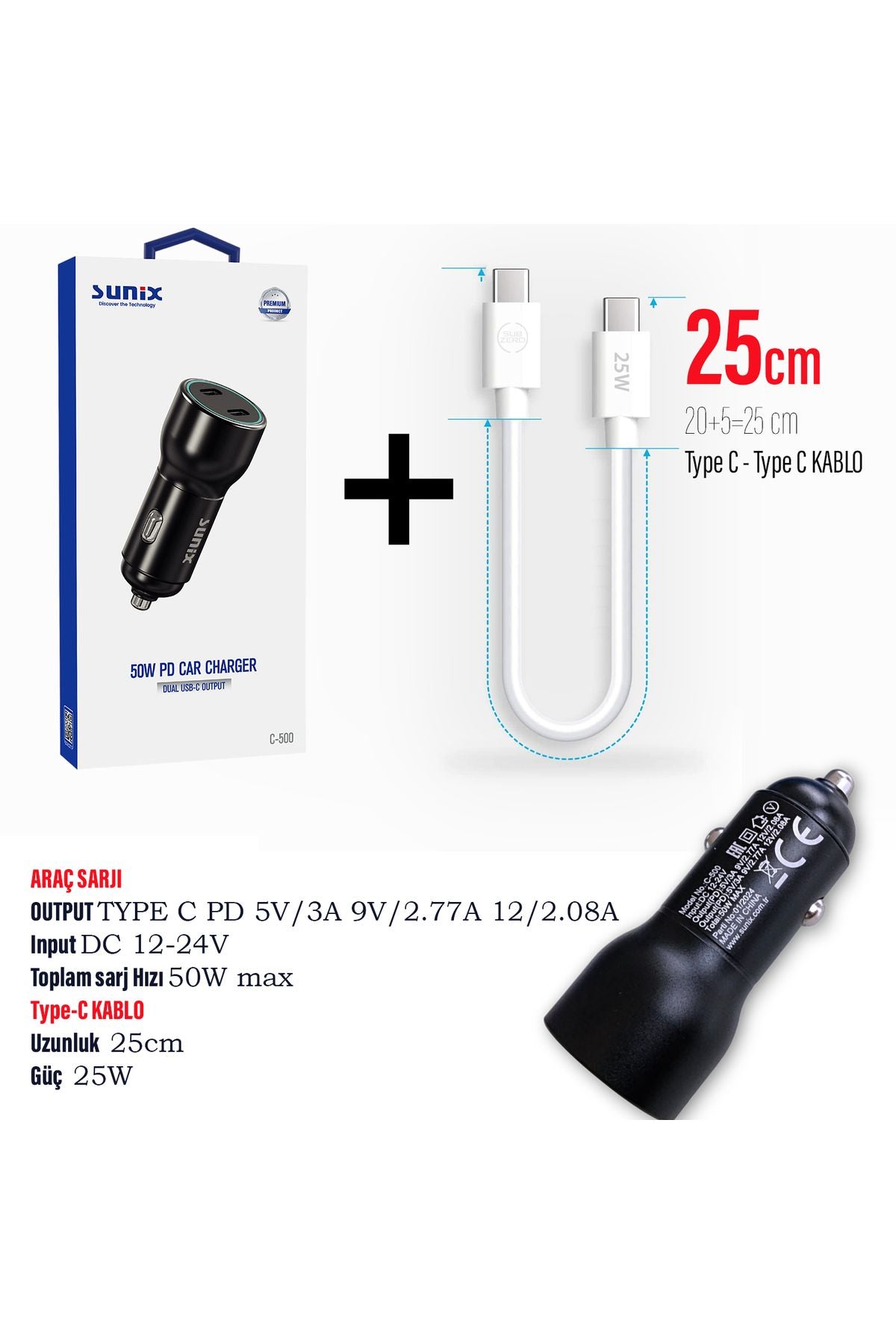 Hızlı Araç Şarj Aleti Type C Samsung Telefonlar Için 60 W Hızlı Araba Şarjı Cihazı Ve 25cm Kablo - Görsel 3