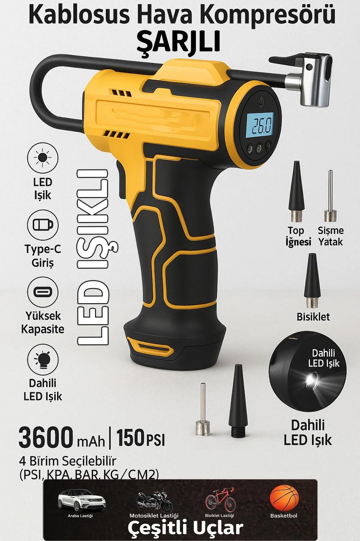 3600mAh Araç Akü Şarj Takviyeli Işıklı Hava Kompresörü Takviye Cihazı Lastik Şişirme Pompası 150PSI - Görsel 5