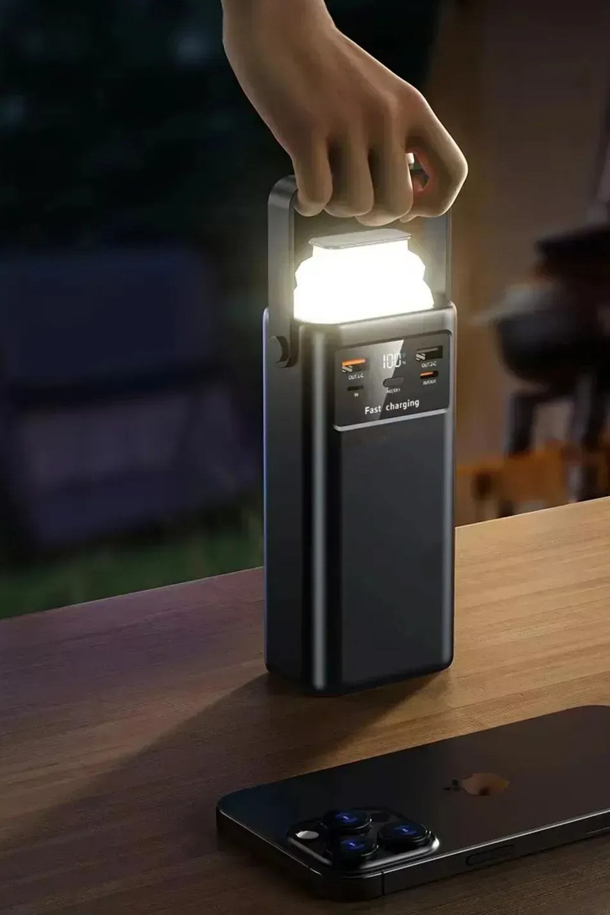 50000 mAh Hızlı Şarj Powerbank 22.5W Led Işıklı Kendinden Kablolu Powerbank Kamp Led Fenerli - Görsel 4