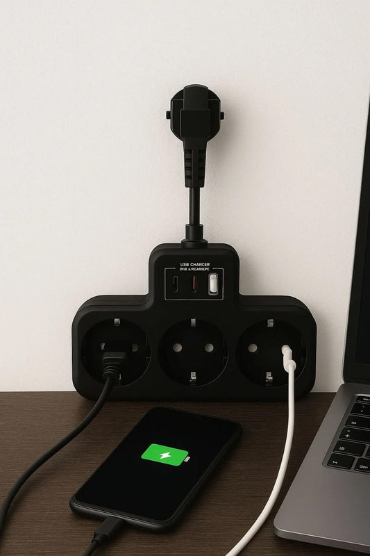 Çoklu Kablolu Priz -Priz Çoğaltıcı-Priz Dönüştürücü 1USB - 2Type-C Girişli Yüksek Akım Korumalı Fiş - Görsel 2