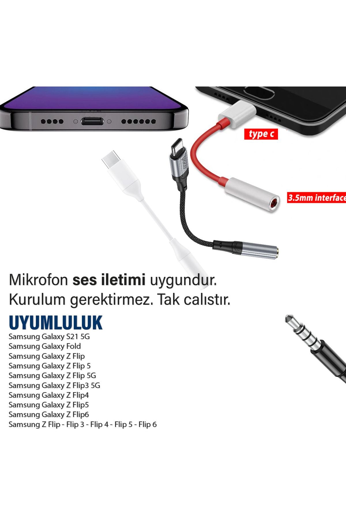 Samsung ZFlip - ZFlip3 - ZFlip4 - ZFlip5 - ZFlip6 3.5mm Jack Aparat Çevirici Kulaklık Dönüştürücü Type-c - Görsel 3