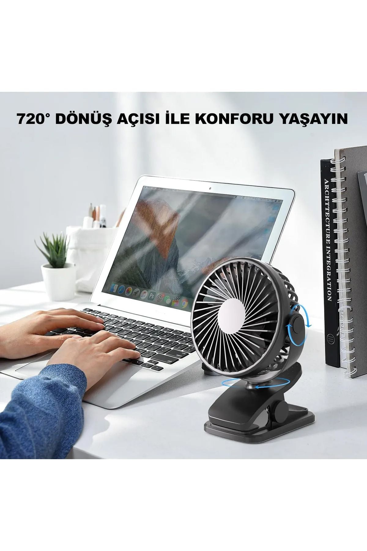 Masaüstü Şarjlı Mandallı 360° Dönen Mini Fan Vantilatör Şarjlı Klipsli Soğutucu 3 Kademe 8000 RPM - Görsel 2