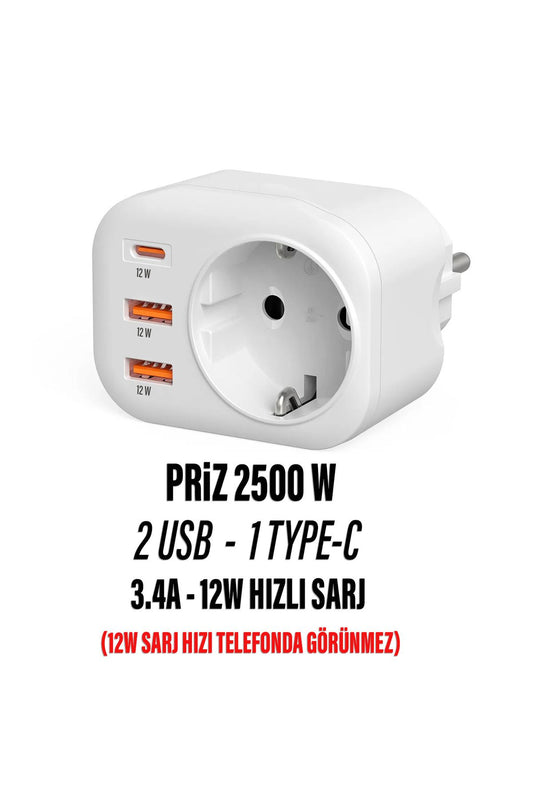 USB Type-C Priz Şarj Adaptörü Priz - 2 USB - 1 Type-C Girişli Çoklu Priz Fiş - Görsel 2