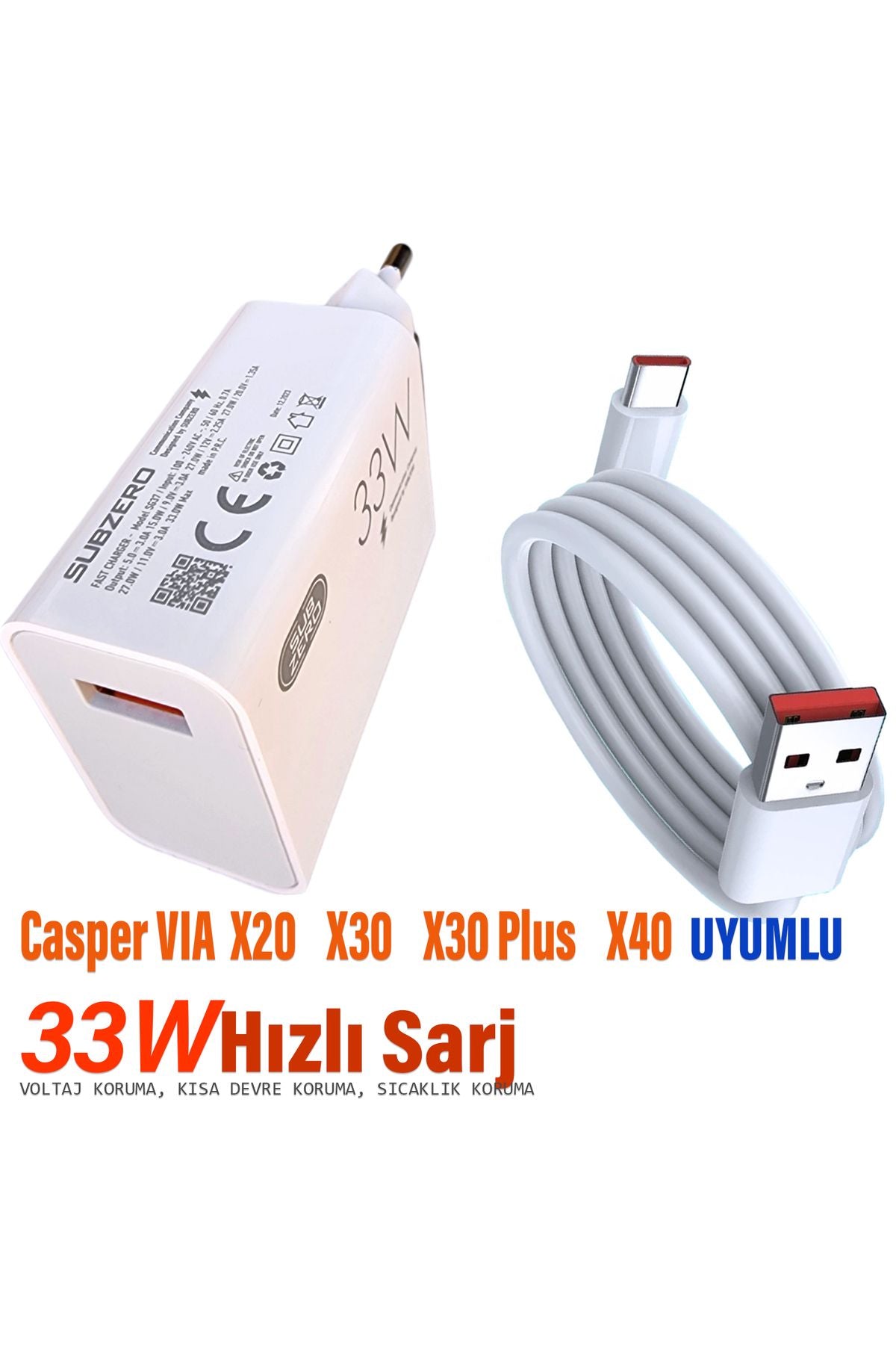 Casper VIA X20 X30 - X30 Plus X40 Uyumlu HIZLI Şarj ve Kablosu 33W Type C