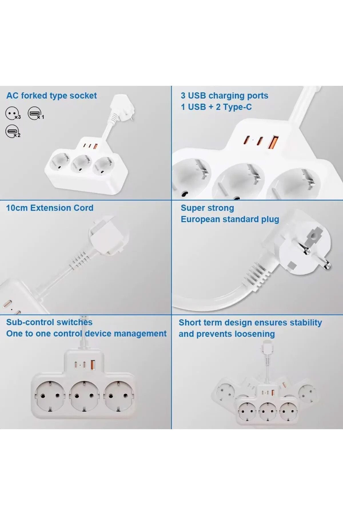Çoklu Kablolu Priz -Priz Çoğaltıcı-Priz Dönüştürücü 1USB - 2Type-C Girişli Yüksek Akım Korumalı Fiş - Görsel 7