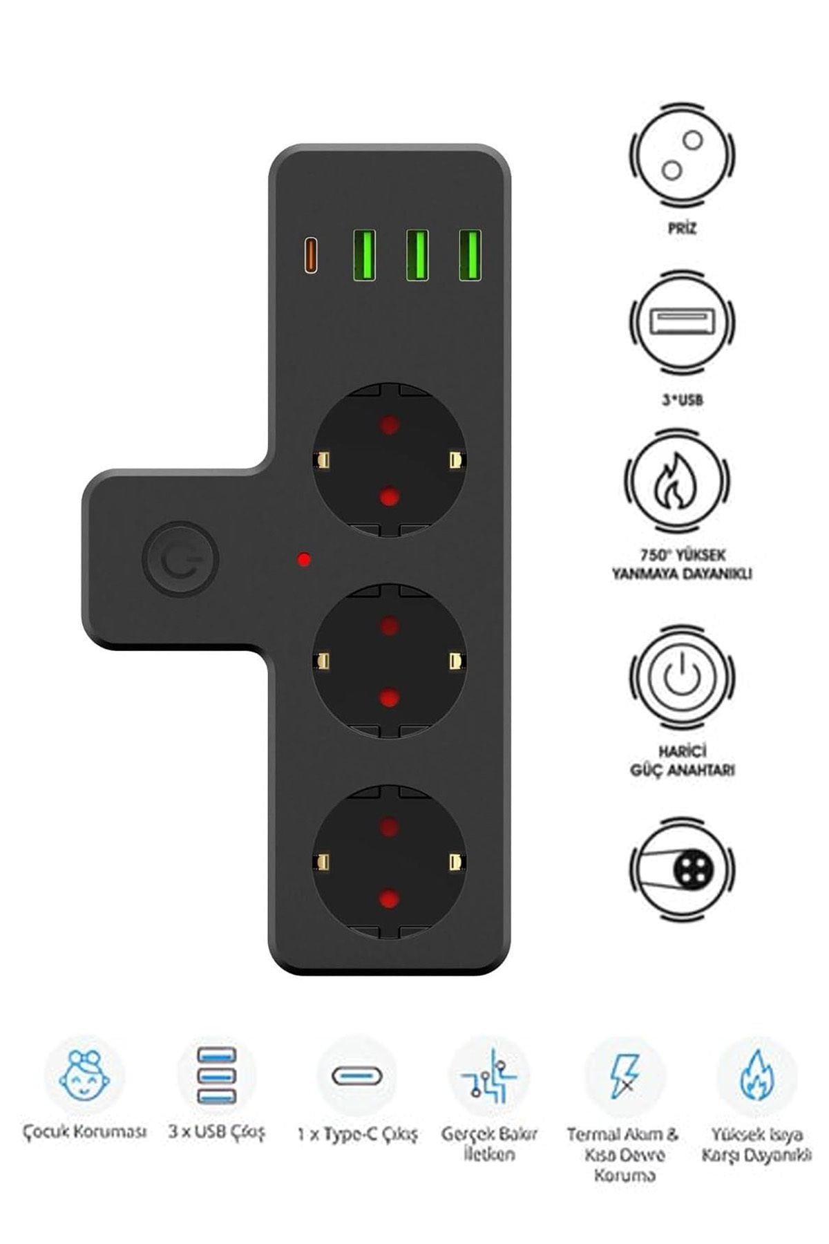 USB Type-C Priz Dönüştürücü Şarj Adaptörü Priz-3 USB-1 Type-C Girişli Çoklu Fiş Priz Çoklayıcı 2500W - Görsel 3