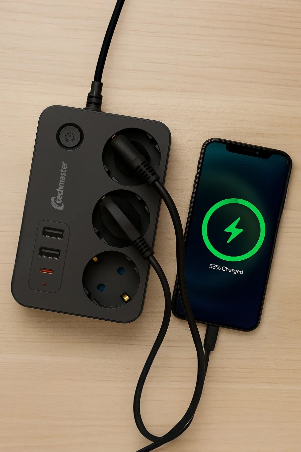 USB Type-C Priz Dönüştürücü Şarj Adaptörü Priz-2 USB-1 Type-C 2 M Kablo Girişli Çoklu Fiş 2500W - Görsel 4