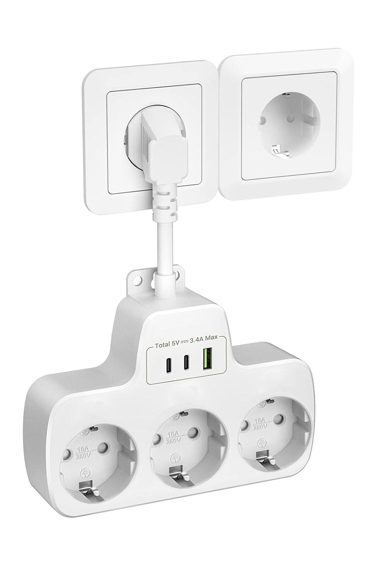 Çoklu Kablolu Priz -Priz Çoğaltıcı-Priz Dönüştürücü 1USB - 2Type-C Girişli Yüksek Akım Korumalı Fiş - Görsel 6