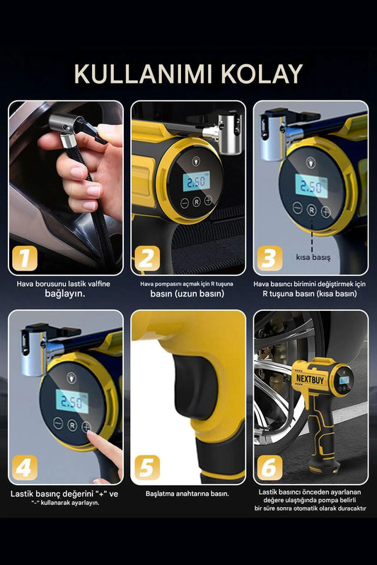 3600mAh Araç Akü Şarj Takviyeli Işıklı Hava Kompresörü Takviye Cihazı Lastik Şişirme Pompası 150PSI - Görsel 2