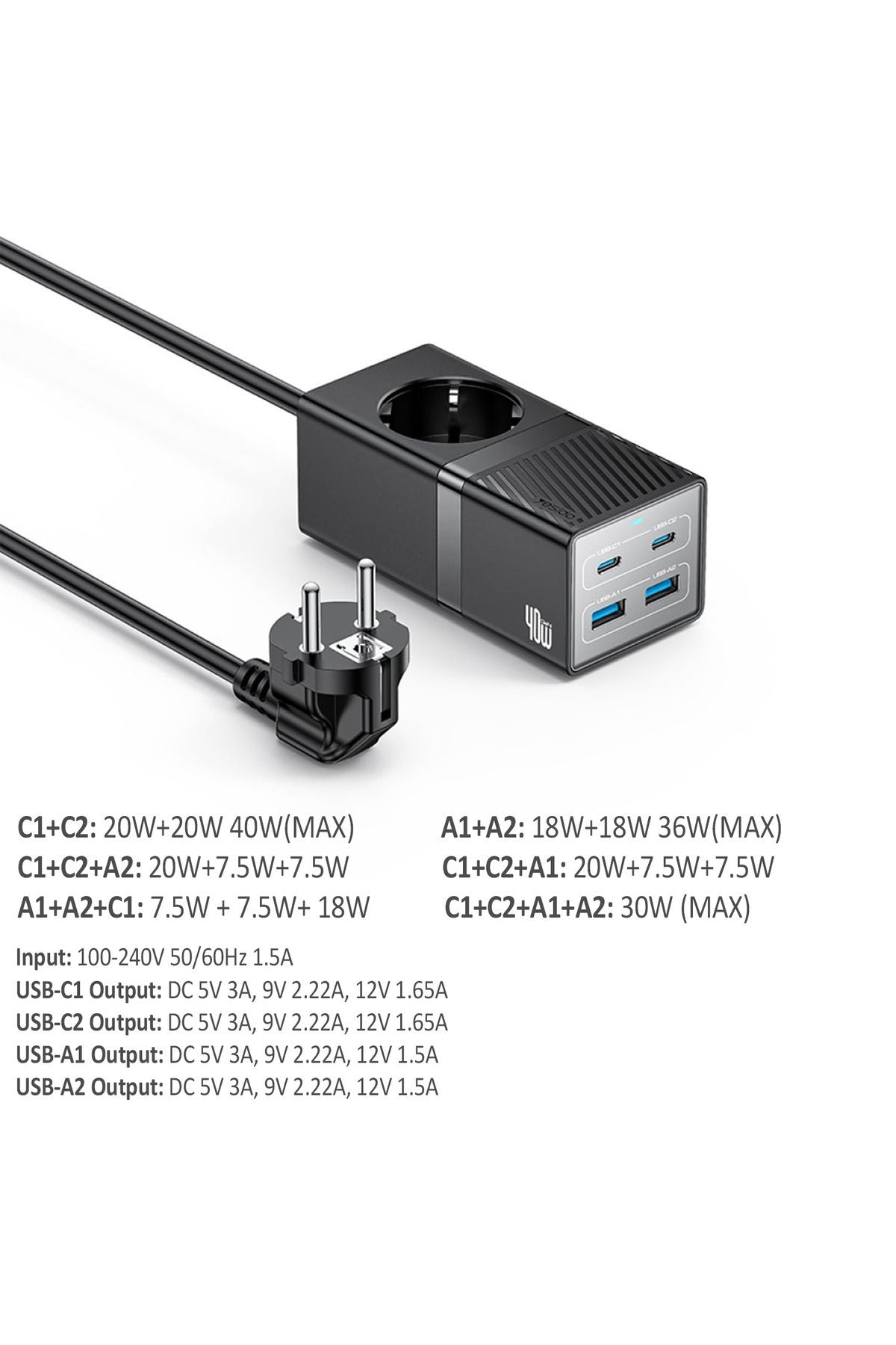Akım Korumalı USB Type-C Priz Uzatma Kablosu Çok Amaçlı Şarj Cihazı Çoklu Priz 1.5M 2500W 40W OUTPUT - Görsel 3