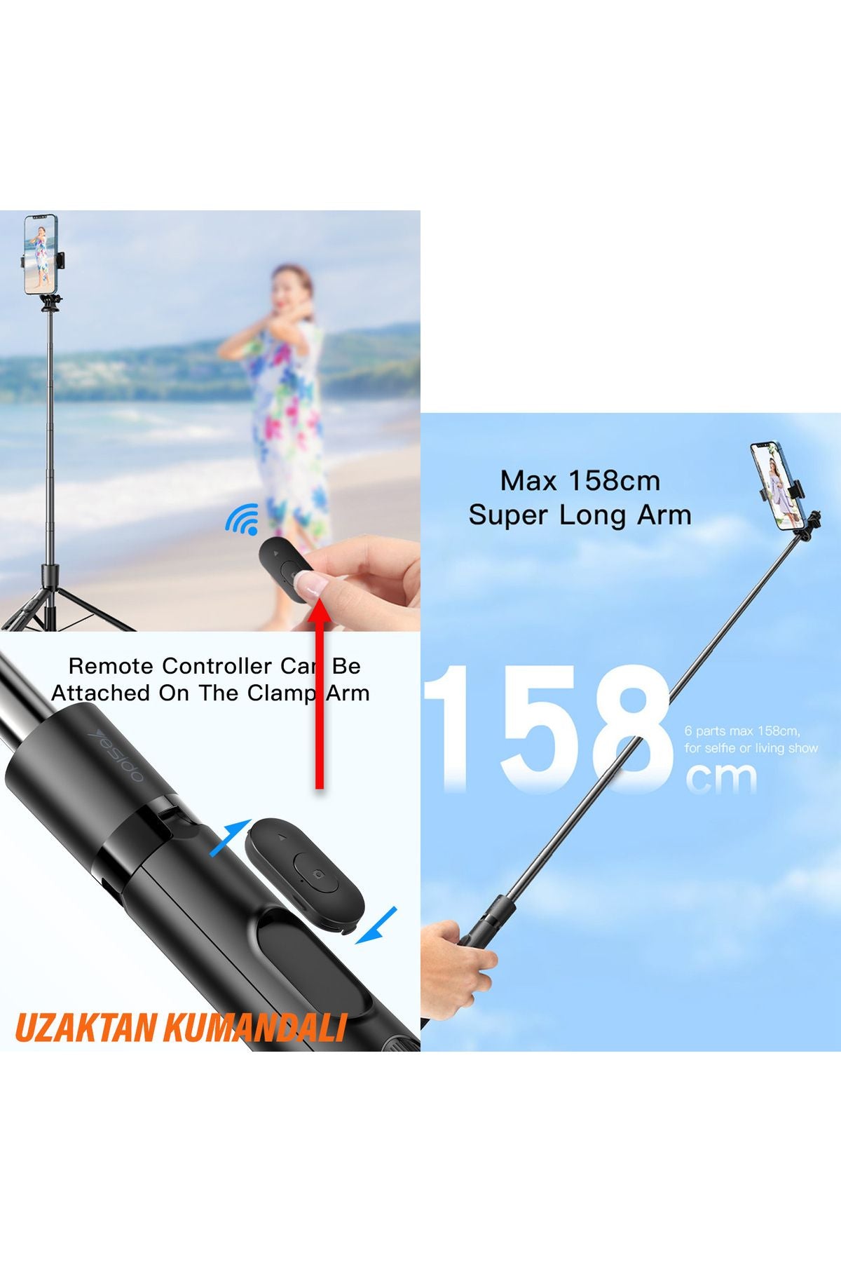 Monopod Tripod Selfie Çubuğu Bluetooh Uzaktan Kumandalı 158cm - Görsel 4