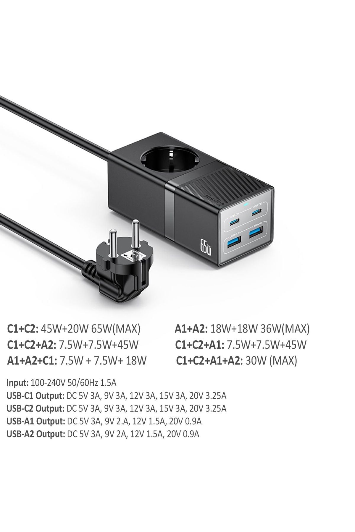 Akım Korumalı USB Type-C Priz Uzatma Kablosu Çok Amaçlı Şarj Cihazı Çoklu Priz 1.5M 2500W 65W OUTPUT - Görsel 4
