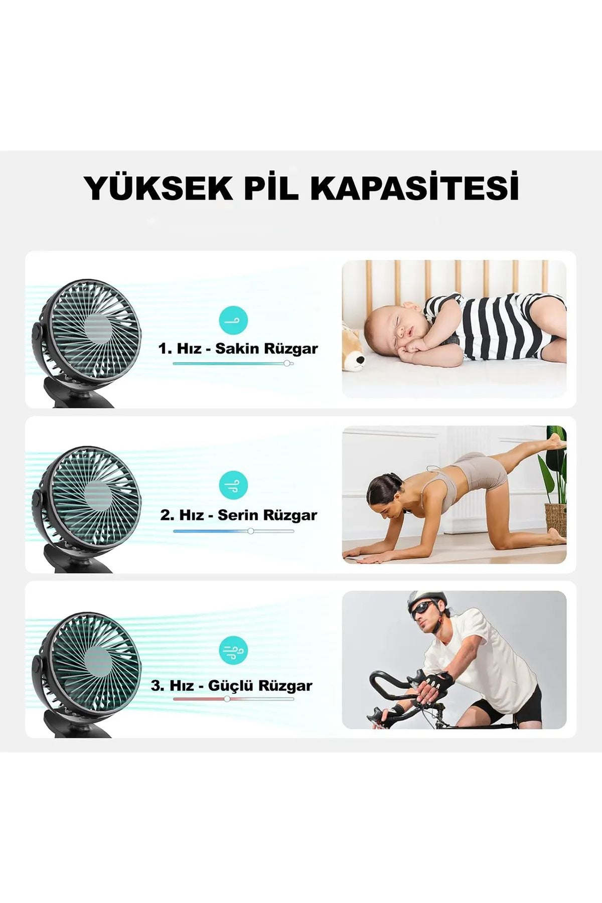 Masaüstü Şarjlı Mandallı 360° Dönen Mini Fan Vantilatör Şarjlı Klipsli Soğutucu 3 Kademe 8000 RPM - Görsel 5